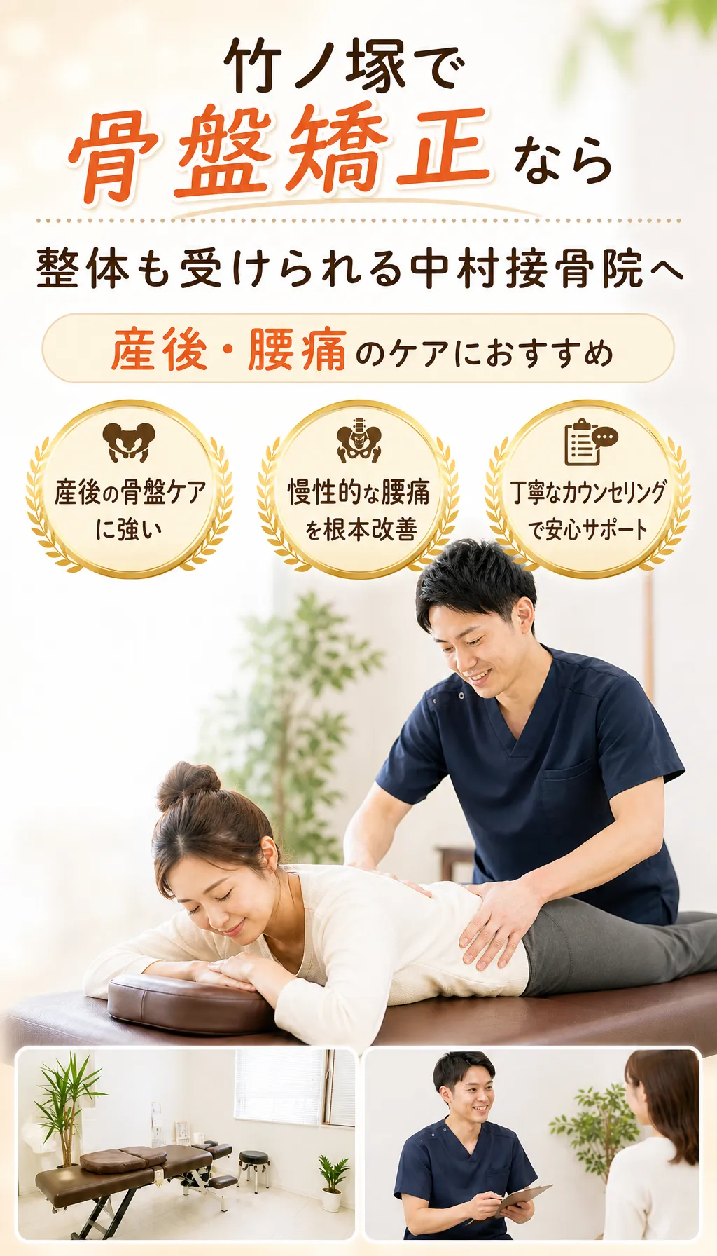 竹ノ塚の接骨院で骨盤矯正を安心して受ける患者とやさしい施術者のイメージ