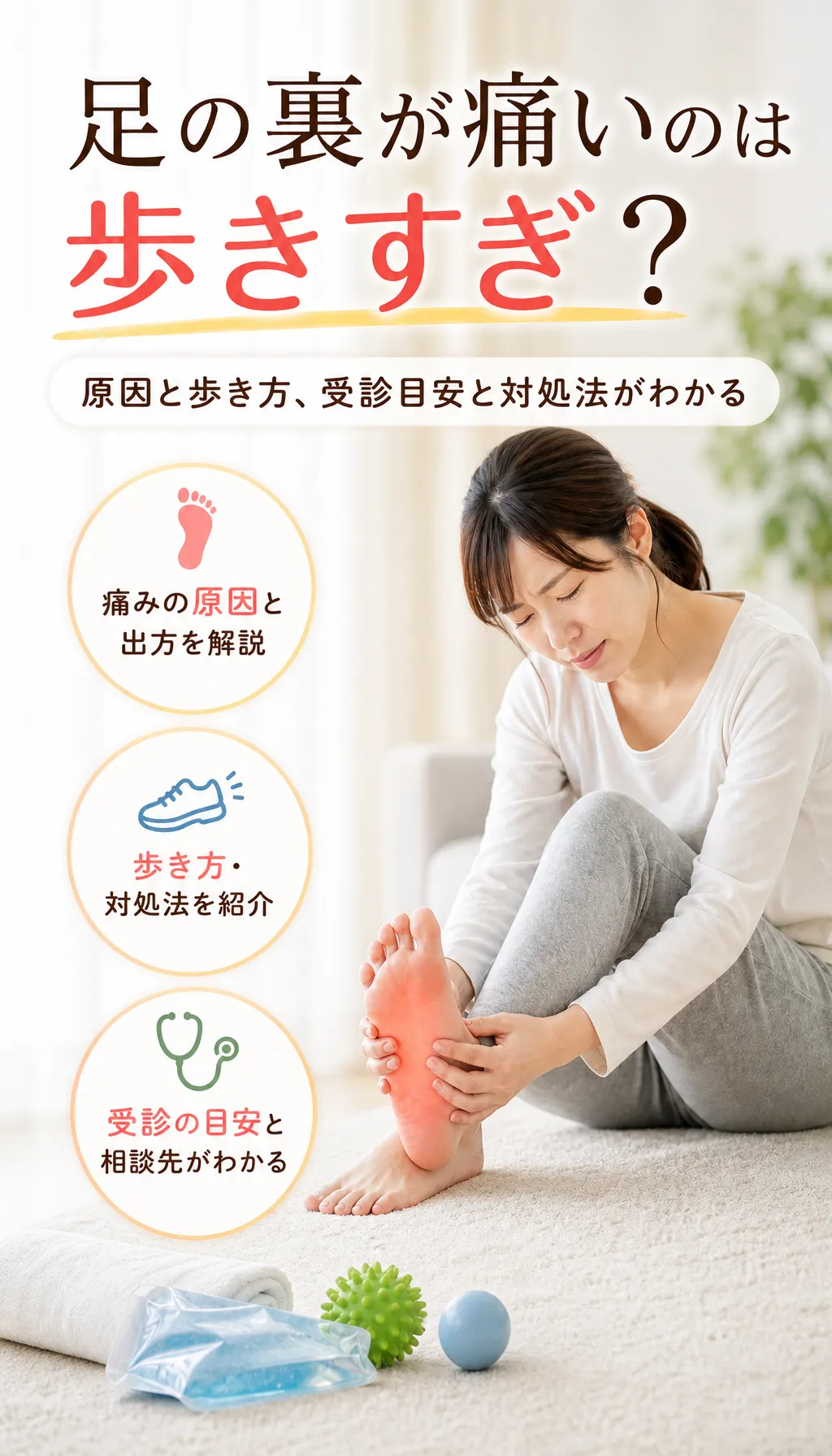 歩きすぎで足の裏の痛みに悩む人と足立区保木間の接骨院案内のイメージ