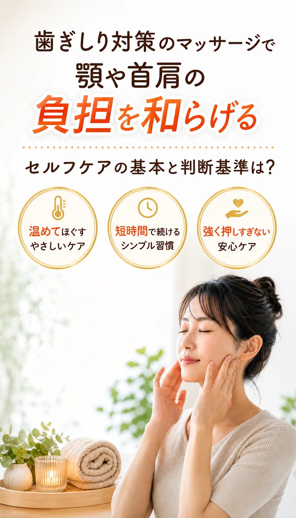 歯ぎしりや食いしばりで顎や首の不調に悩む人がケアしている様子
