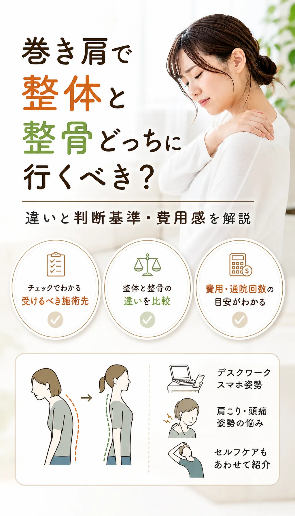 巻き肩や肩こりに悩み接骨院で相談する人の様子