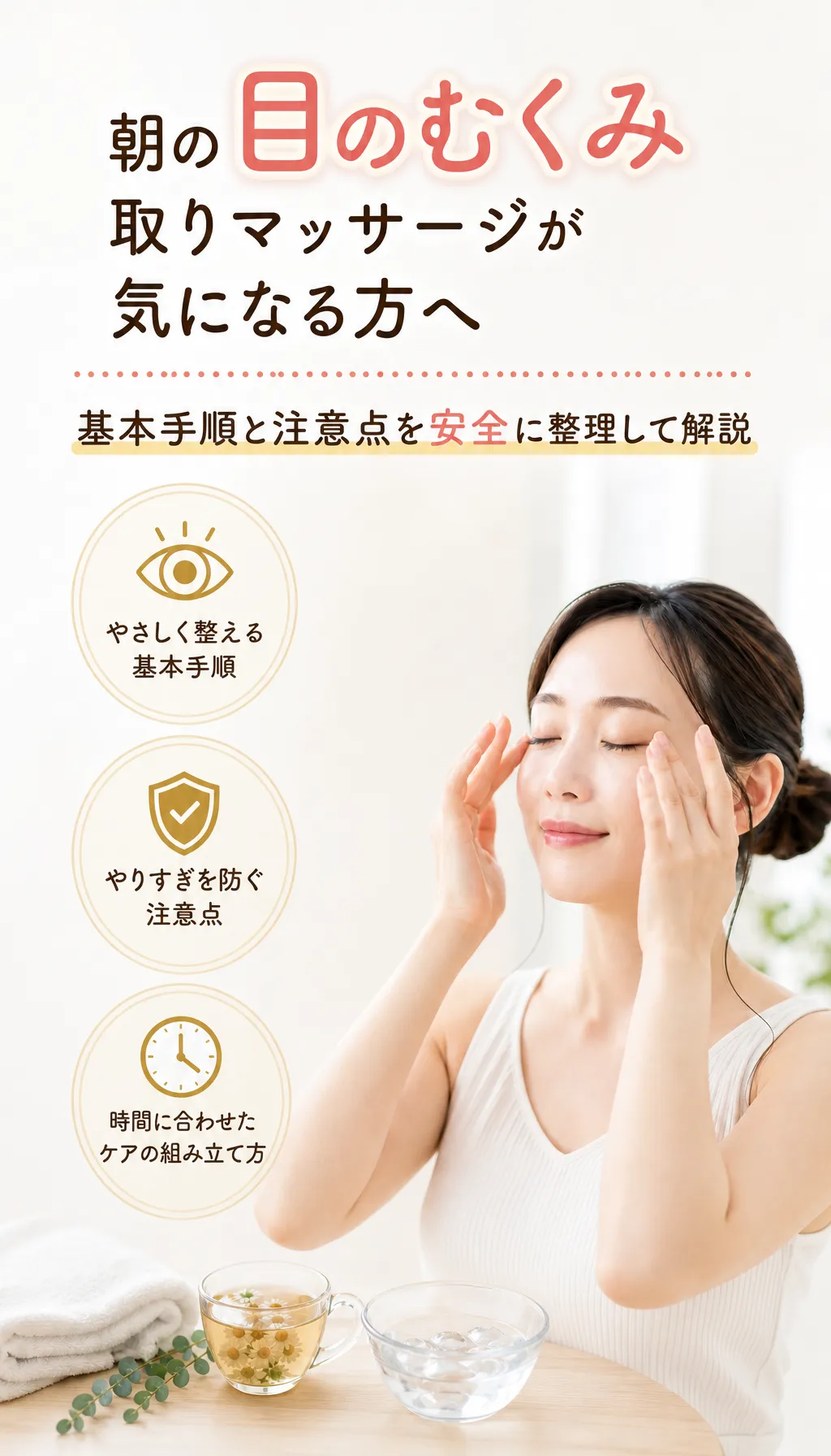 優しい力で目元をケアする朝のセルフマッサージの様子