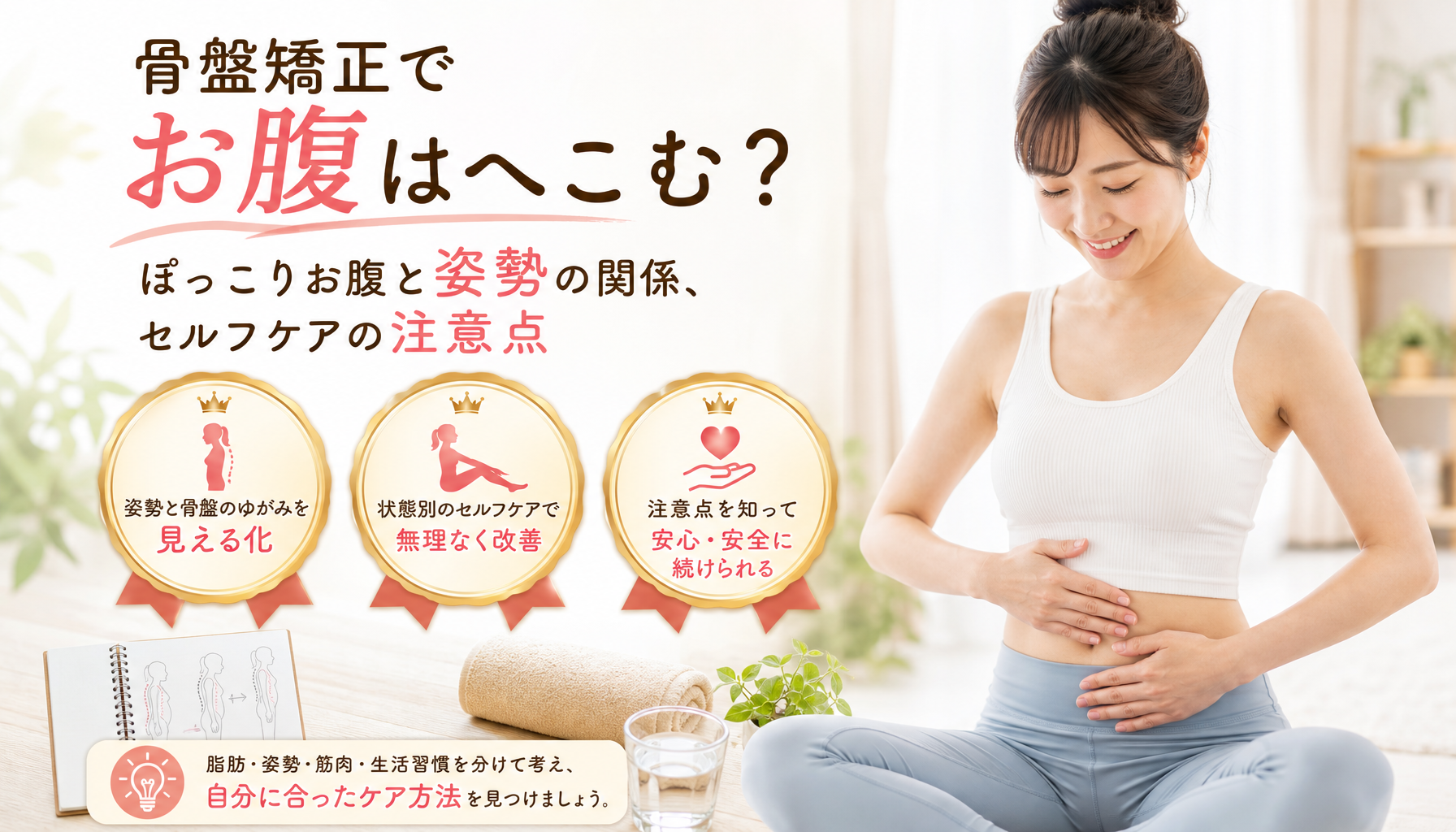 骨盤矯正でお腹はへこむ？ぽっこりお腹と姿勢の関係、セルフケアの注意点