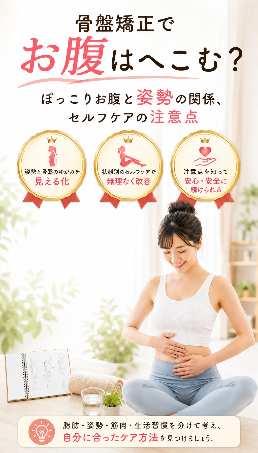 骨盤と姿勢を確認しながらお腹まわりを気にする女性と整体師の様子