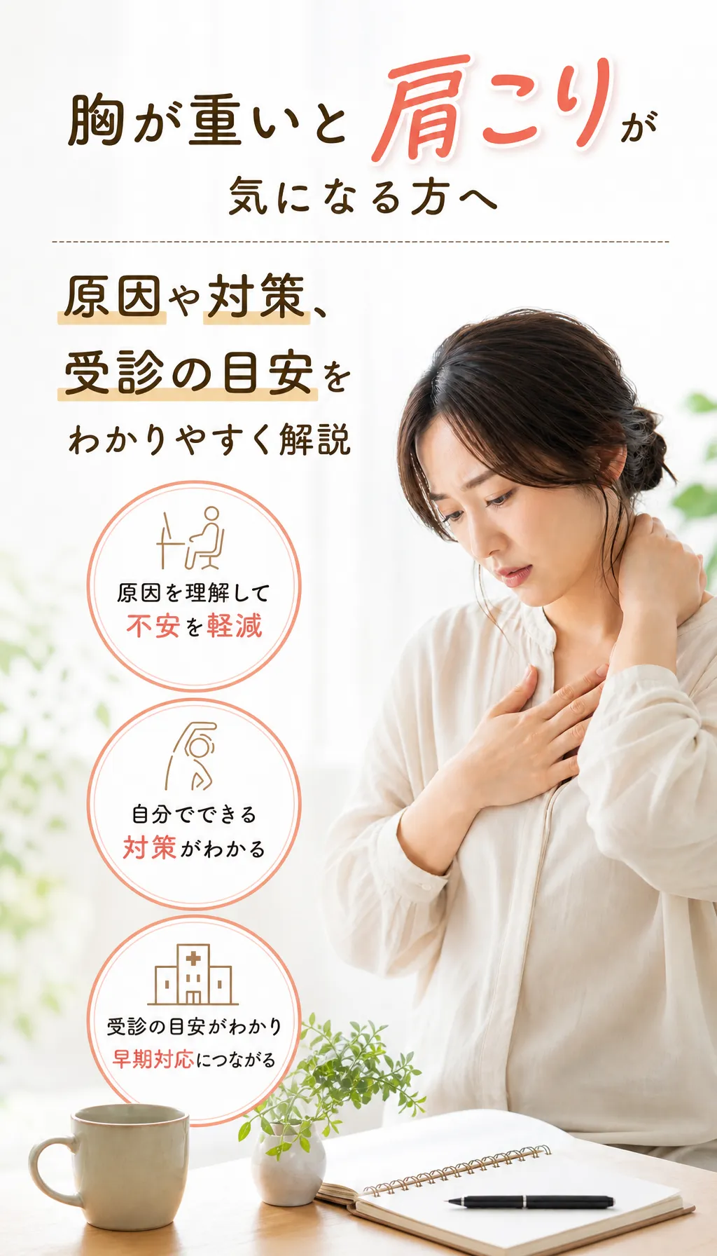 胸の重さと肩こりに悩む女性と接骨院の様子