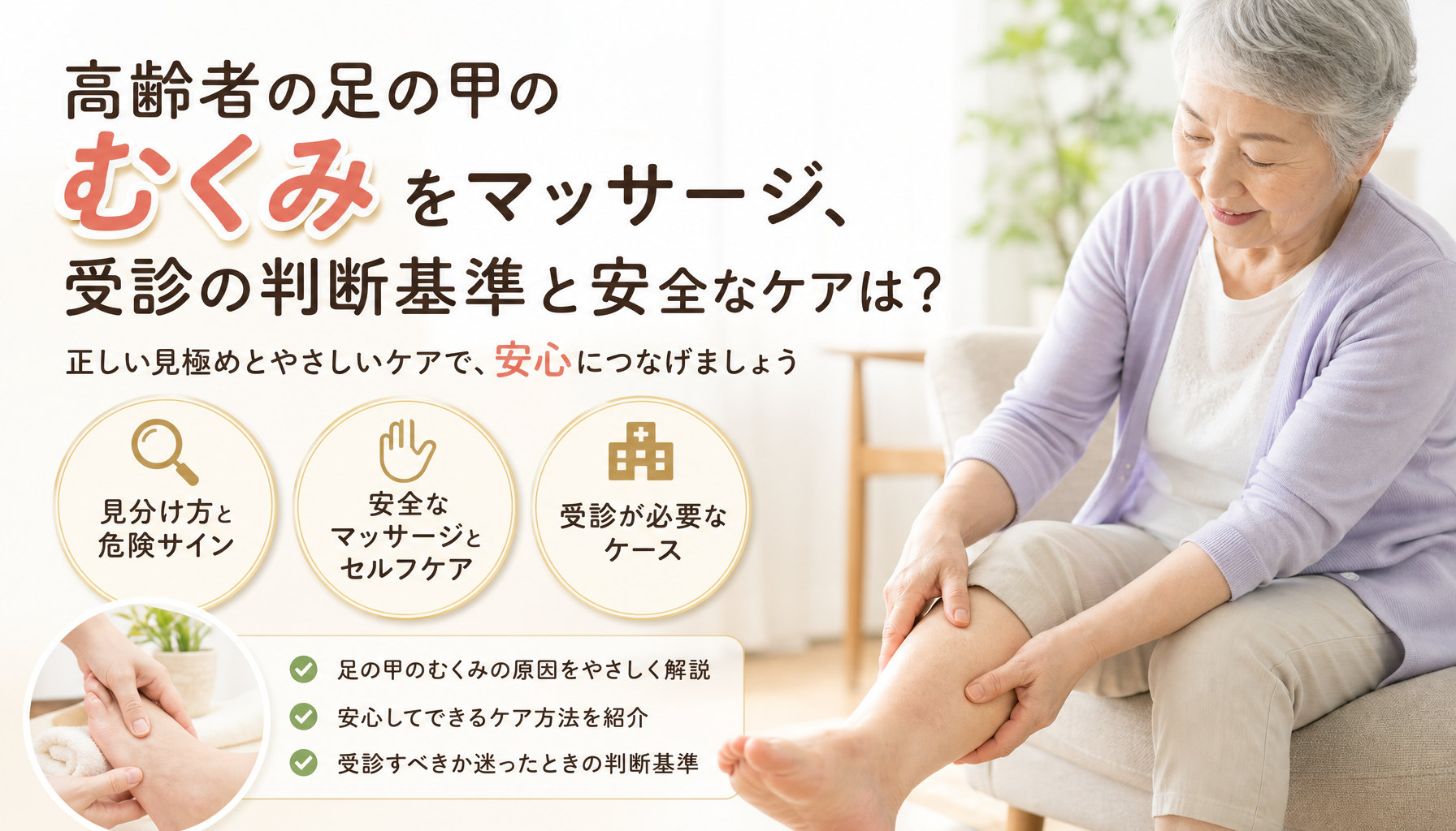 高齢者の足の甲のむくみをマッサージ、受診の判断基準と安全なケアは？