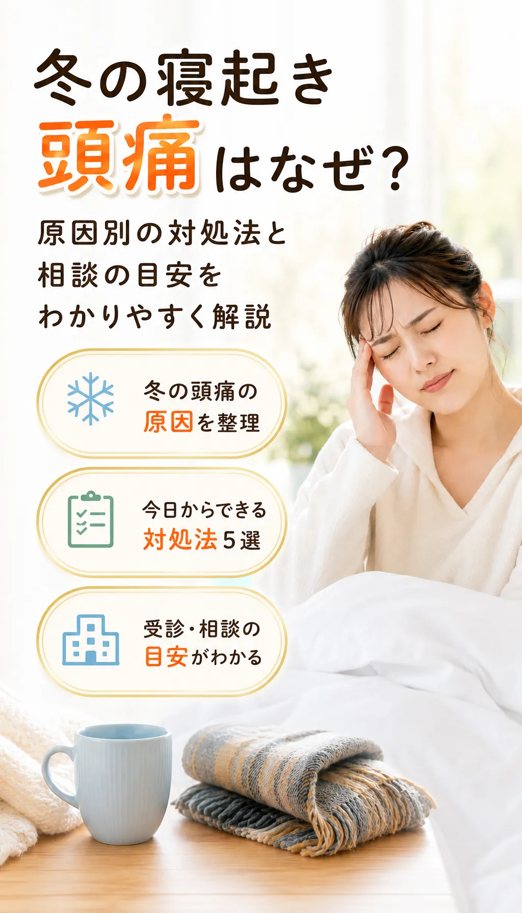 冬の朝に布団の中で頭痛を感じる人のイメージ写真