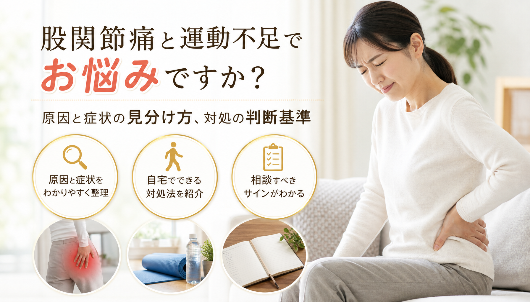 股関節痛と運動不足でお悩みですか？原因と症状の見分け方、対処の判断基準