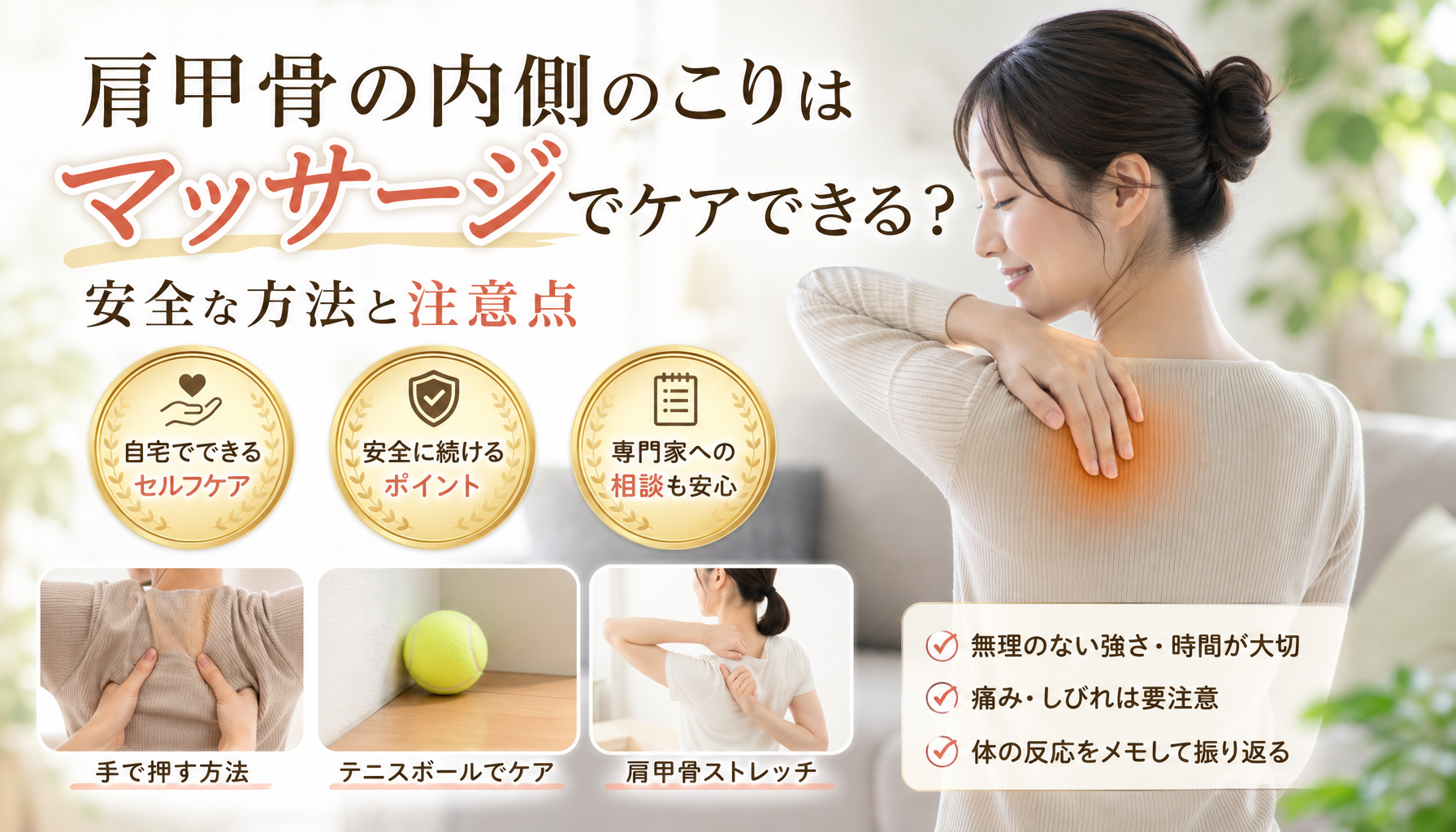 肩甲骨の内側のこりはマッサージでケアできる？安全な方法と注意点