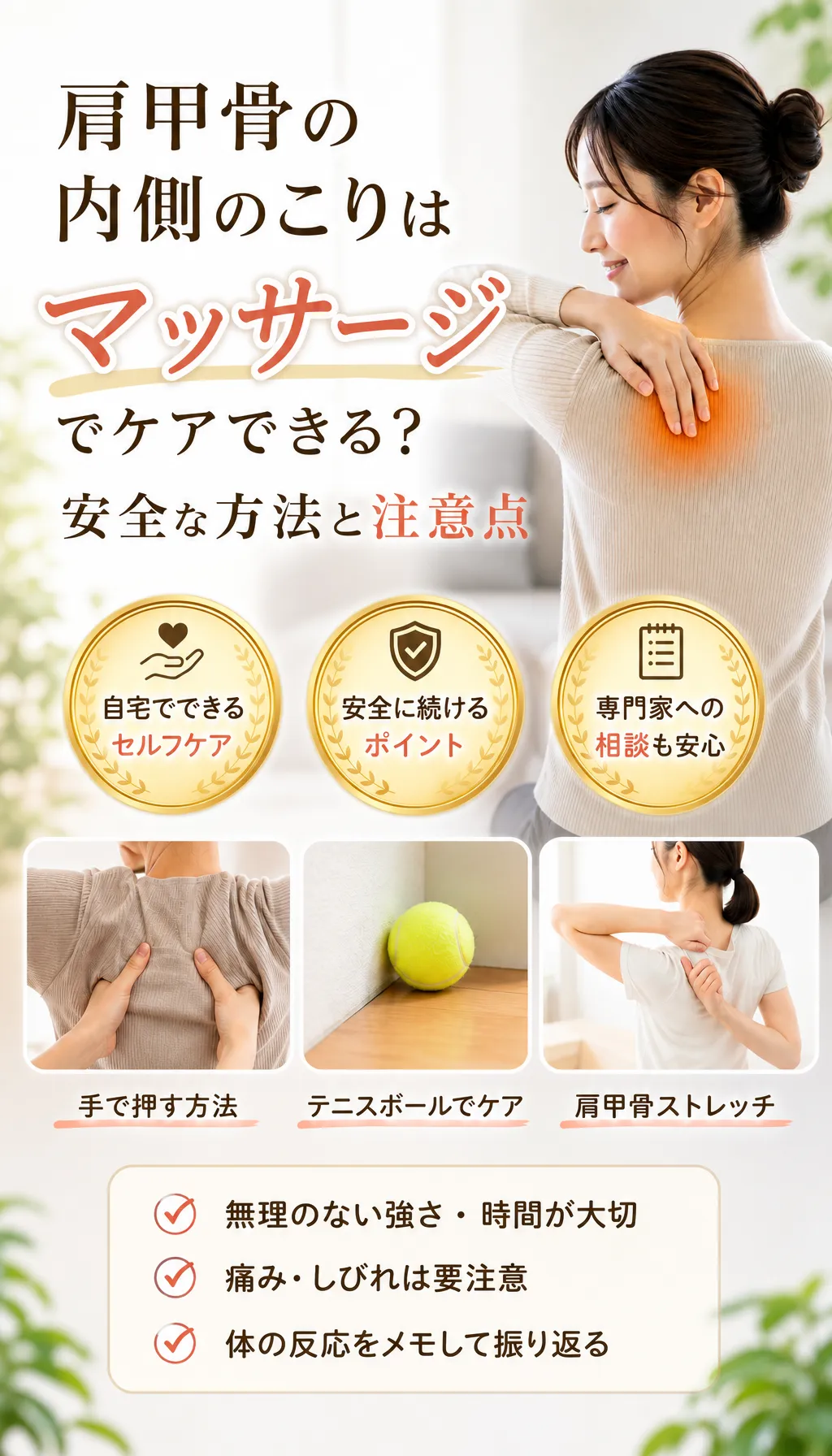 肩甲骨内側のこりを気にして背中に手を当てている人の写真