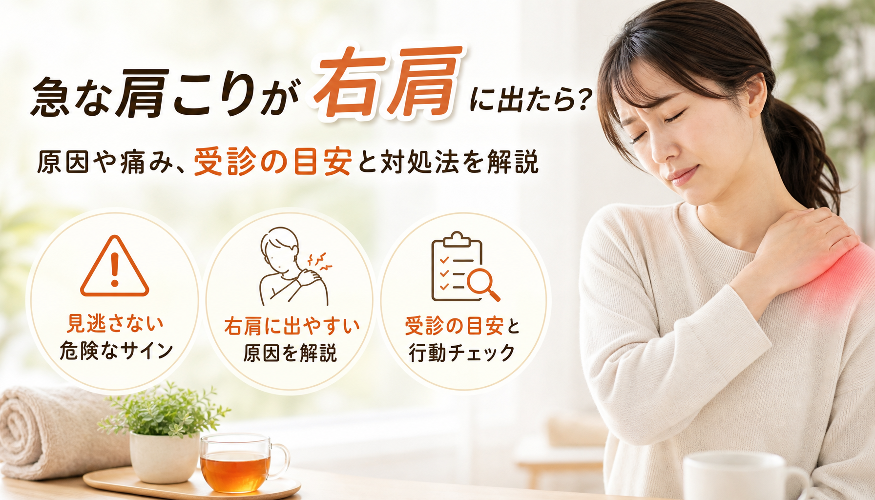 急な肩こりが右肩に出たら？原因や痛み、受診の目安と対処法を解説