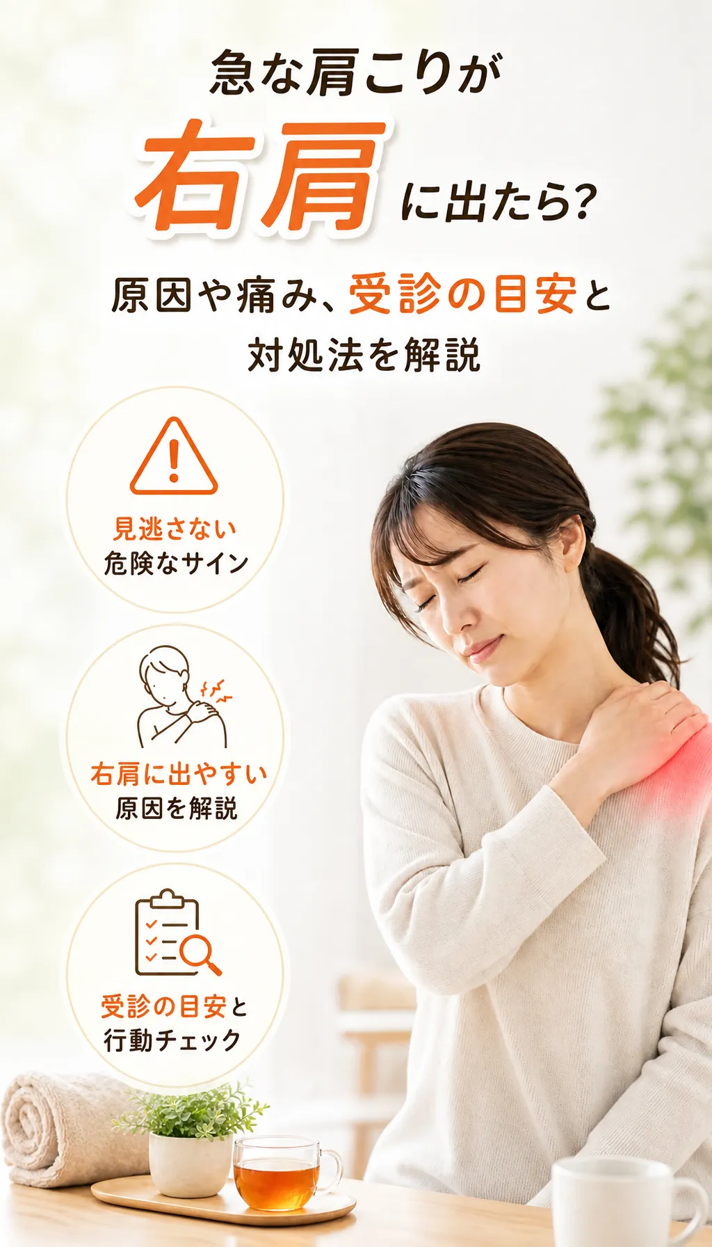 急な右肩の肩こりに悩み相談する人と整体師の様子