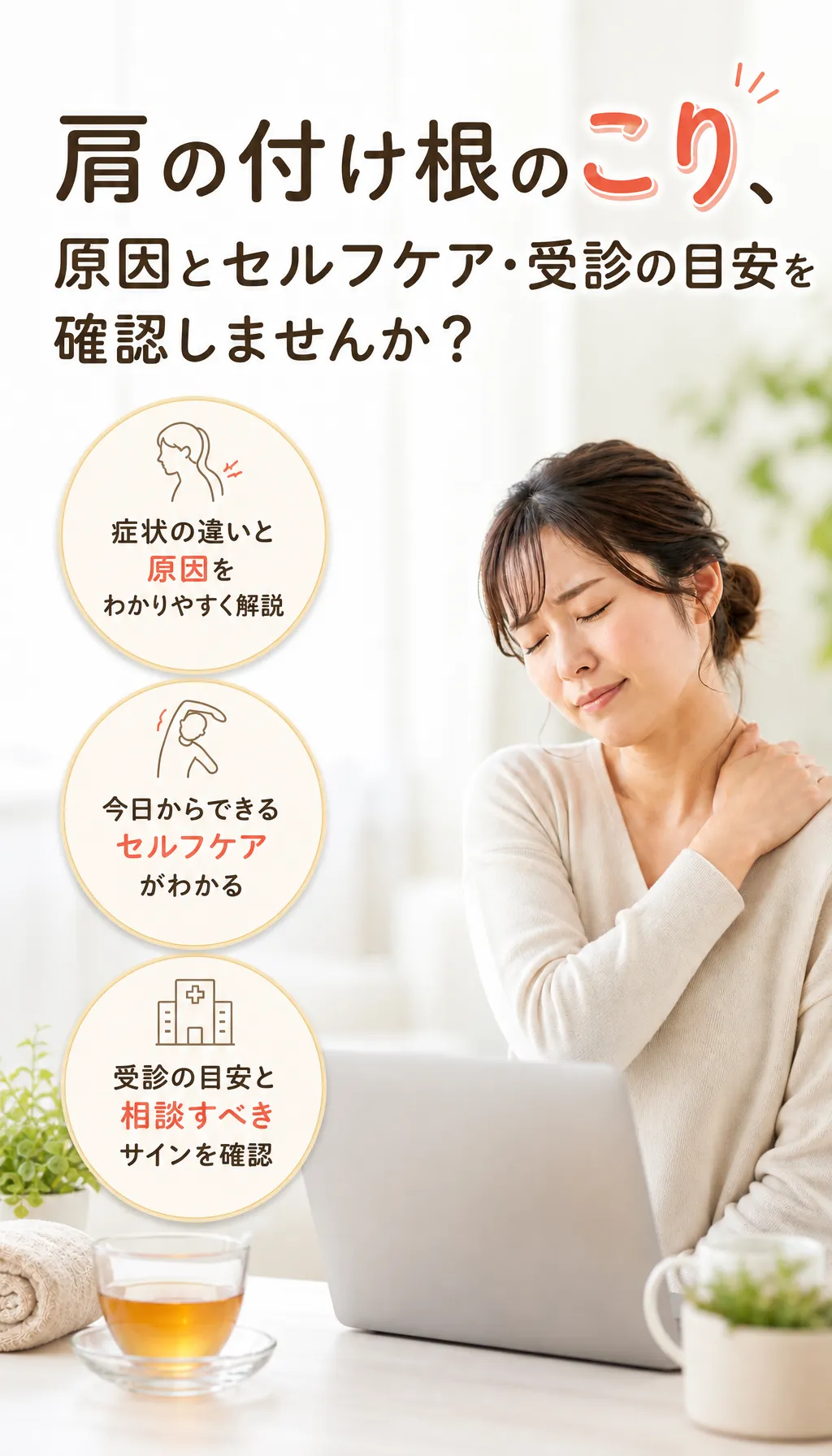 肩の付け根のこりや痛みに悩む人が首と肩を押さえている様子