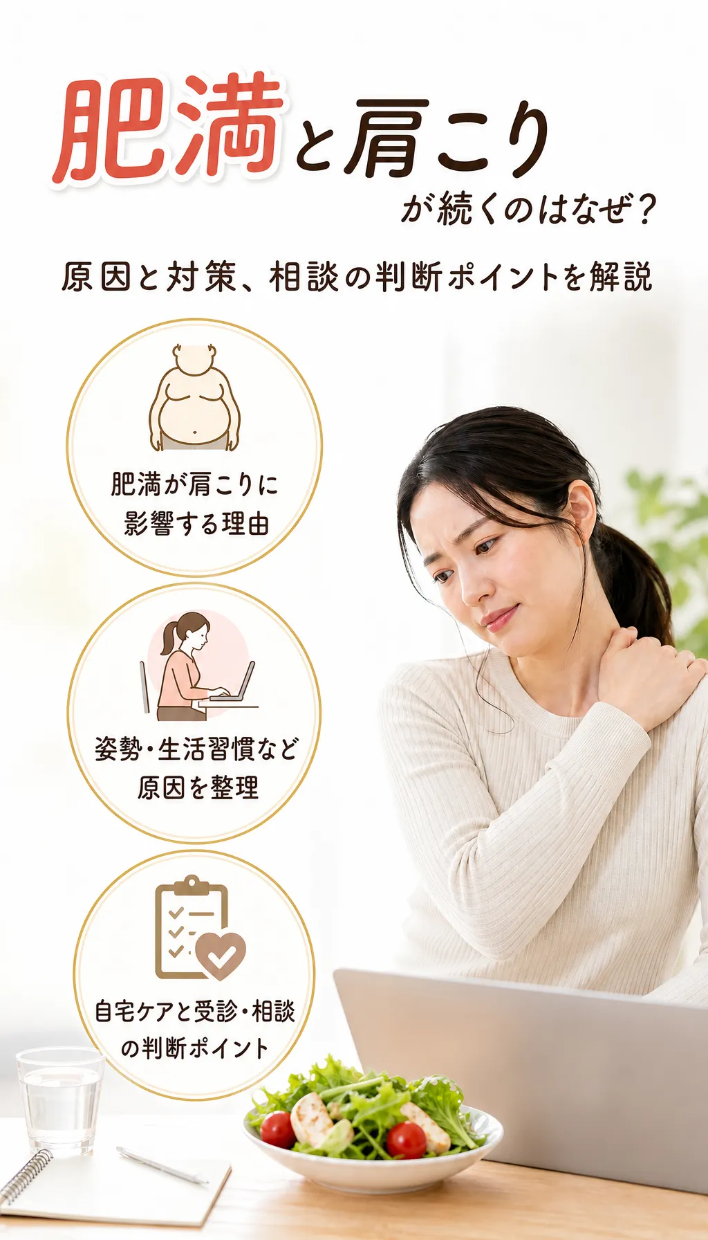 肥満と肩こりに悩み考え込む日本人男女の写真
