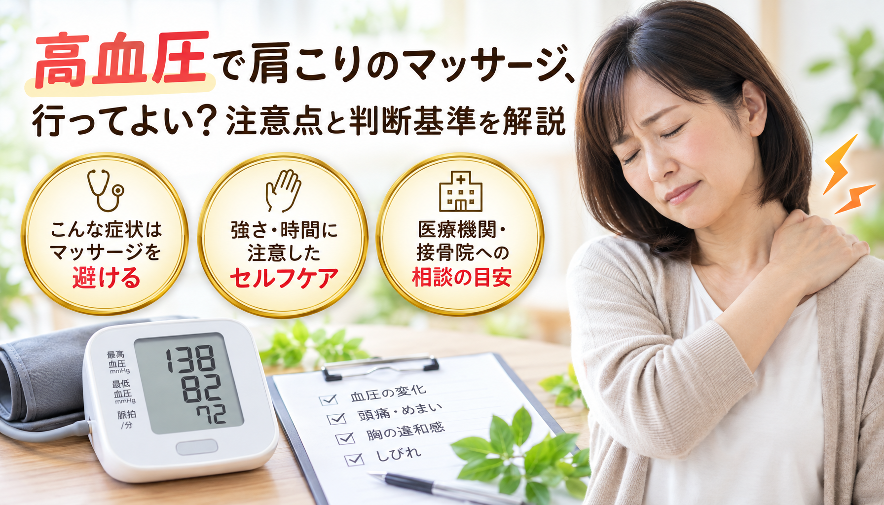 高血圧で肩こりのマッサージ、行ってよい？注意点と判断基準を解説