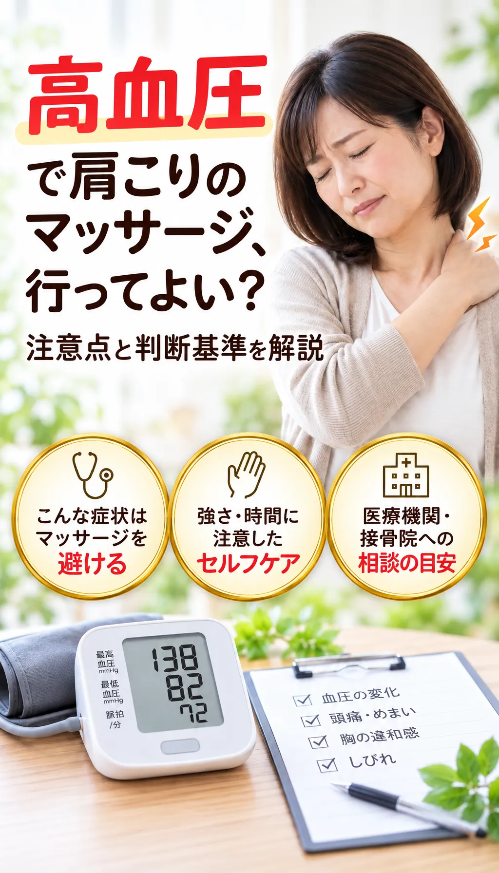 高血圧と肩こりに悩み体調を確認する人の様子