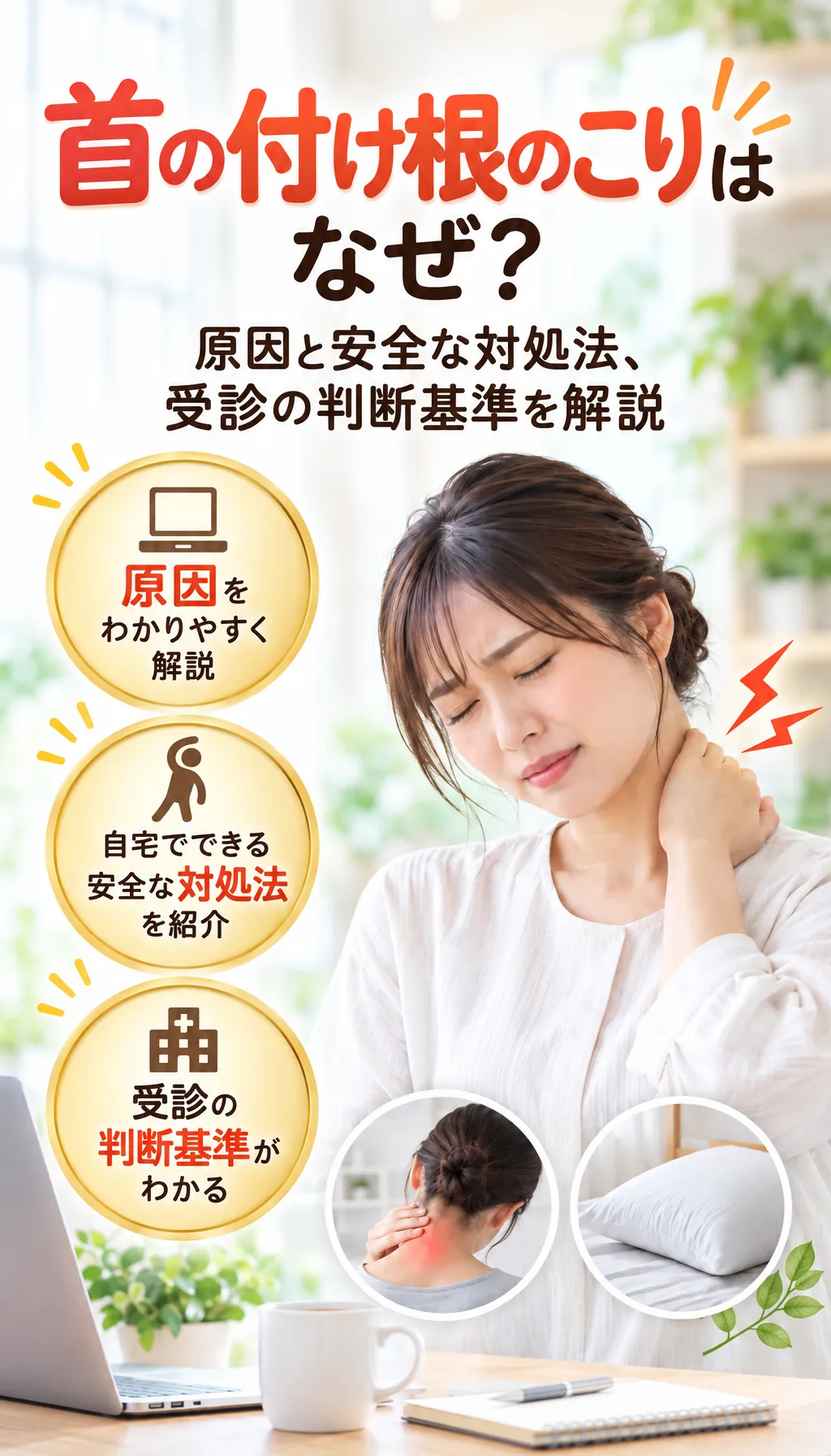 首の付け根のこりで悩む人と相談風景の写真