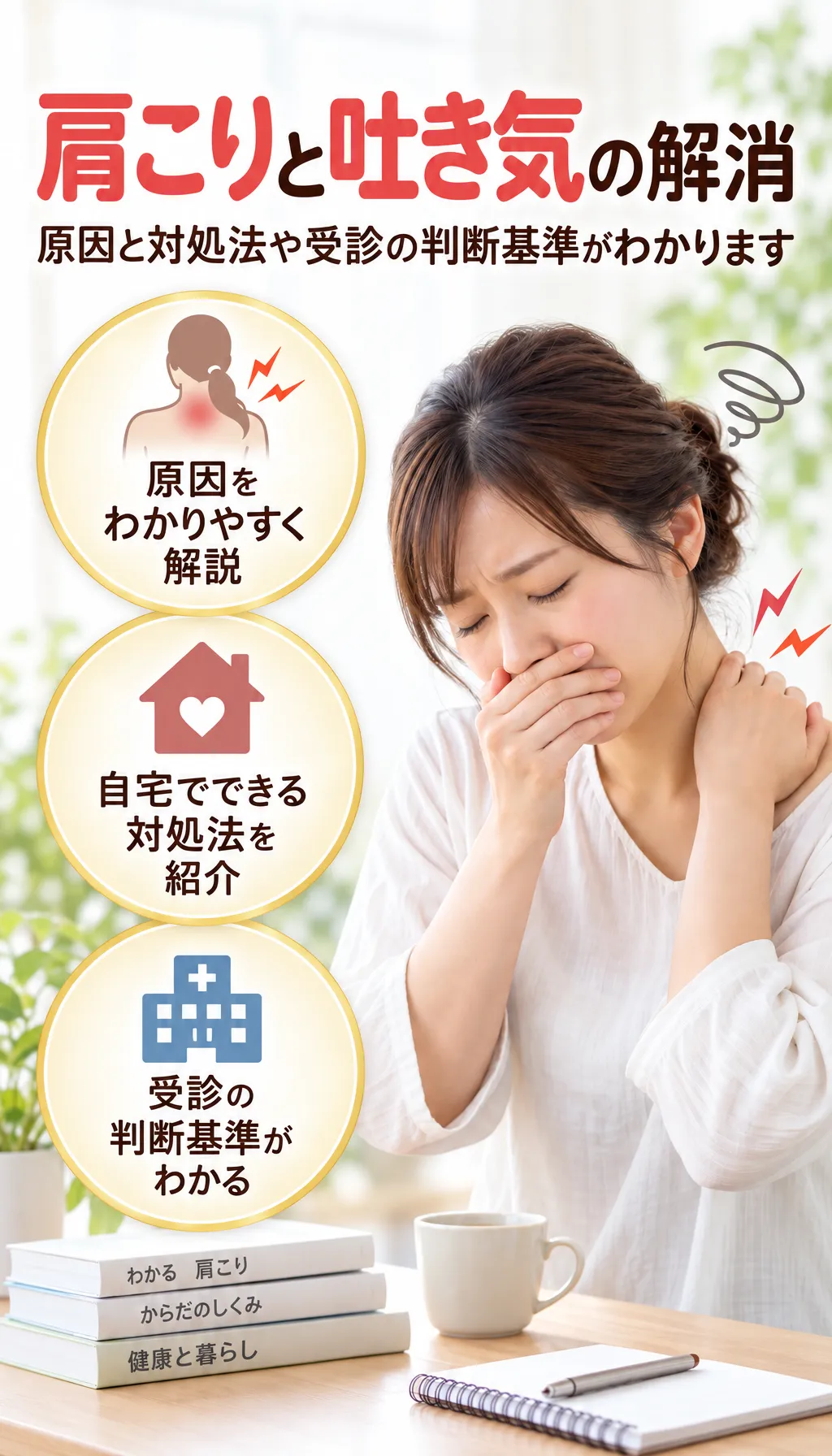 肩こりと吐き気に悩み対処法を探している人のイメージ