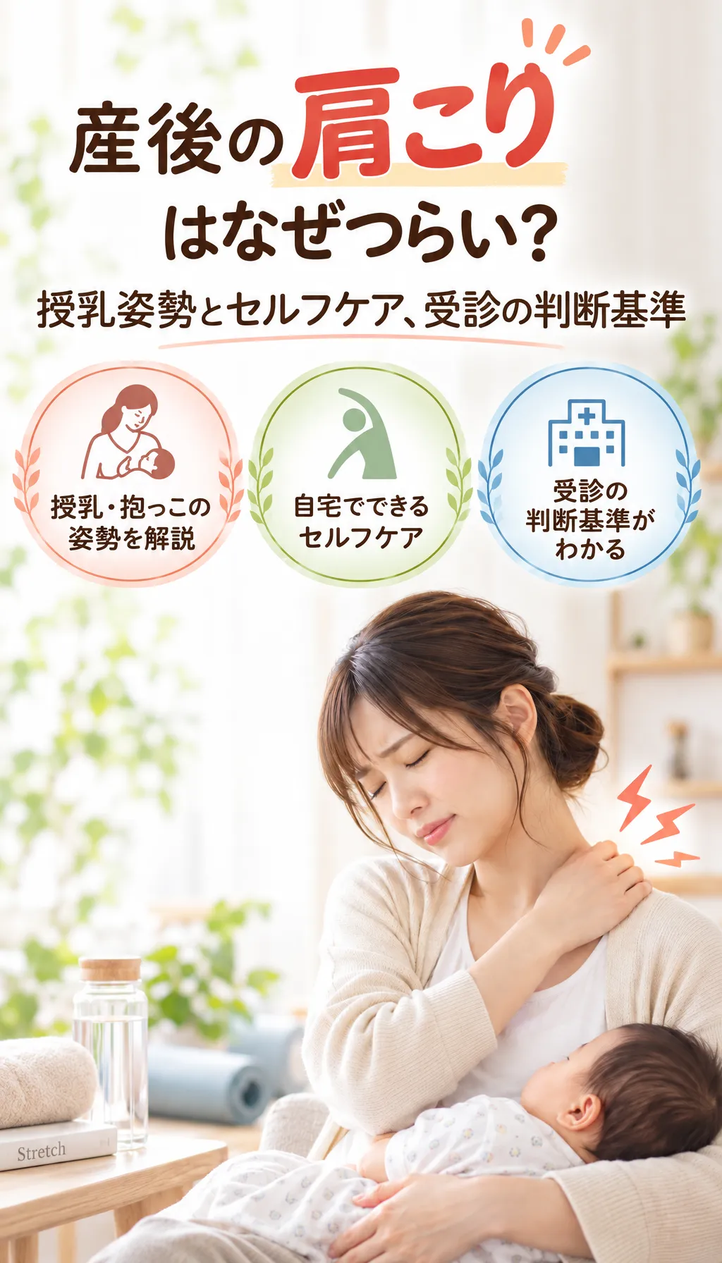 授乳や抱っこで肩こりに悩む産後ママのイメージ写真